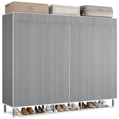 Abbildung von Kleiderschrank Stoffschrank Stabil, Stoff Faltschrank Für Schlafzimmer Mit Kleiderstange &amp; Ablagen, Ankleidezimmer Garderobe Kleiderständer 168x46x173cm Graue Streifen