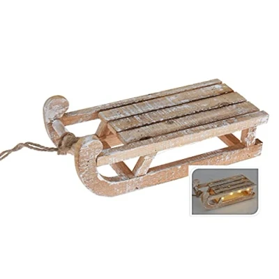 Abbildung von Spetebo LED Dekofigur Deko Holz Schlitten 30 cm 25 Timer, An / Aus LED, warmweiß, Timer