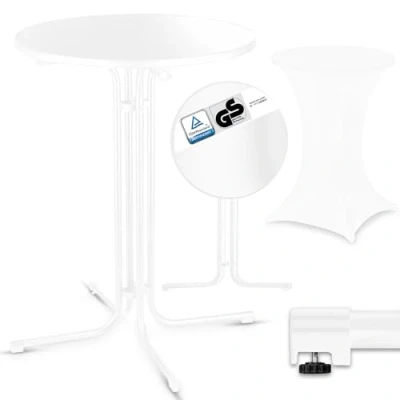 Abbildung von VESKA® Gastro Stehtisch Ø 80cm inkl. Husse, Bistrotisch klappbar Indoor &amp; Outdoor, höhenverstellbare Füße, Klapptisch rund Partytisch, Empfangstisch, Gartentisch wetterfest (weiß)