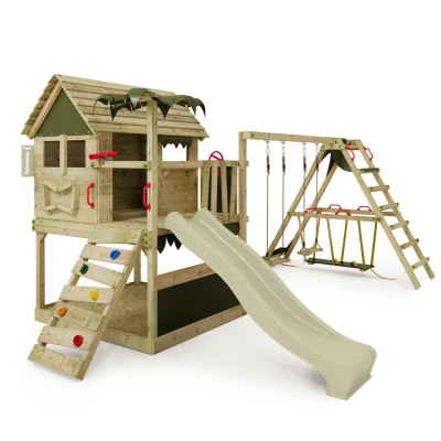 Abbildung von FATMOOSE Spielturm Klettergerüst TikaTaka Town XXL mit SurfSwing, Schaukel &amp; anthraziter Rutsche, Outdoor Kinder Kletterturm Sandkasten Leiter Spiel Zubehör für den Garten