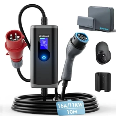 Abbildung von bokman Type 2 Charging Cable with CEE Plug, 10 Metres, 6 16A, 11 kW, 3 Phase, IP65 Waterproof, Portable EV Charger and Mobile Wallbox Station for IEC 62196 Carry Bag Microfibre