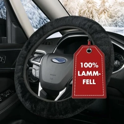 Abbildung von WALSER Lammfell Lenkradbezug Auto, 100% Lenkradschutz Auto Lenkradbezug, Fell, Lenkrad Bezug, Winter Zubehoer, Winter, Wärmer schwarz