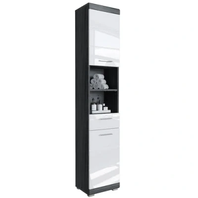 Abbildung von Newroom Schrank Weiß Hochglanz Avola Anthrazit Badschrank Modern 37x191x31 cm (BxHxT) Hochschrank Badezimmermöbel [Void.Five] Bad Badezimmer