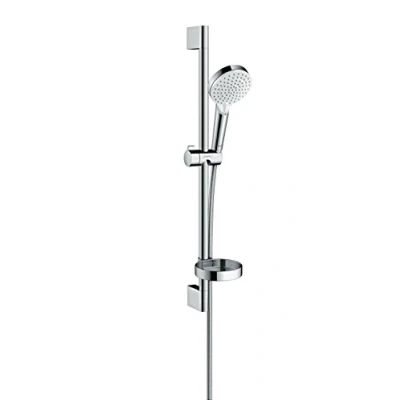 Abbildung von hansgrohe Brausegarnitur &quot;Crometta&quot;, (Komplett Set), 10cm, mit Duschstange 65cm und Seifenschale Weiß/chrom
