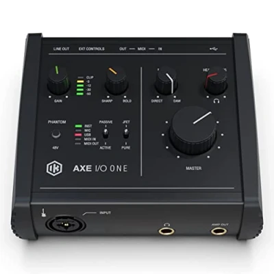 Abbildung von IK Multimedia AXE I/O ONE, Kompaktes USB Gitarren Audio Interface mit einstellbarer Eingangsimpedanz für erweiterte Klanggestaltung. C Anschluss. TONEX SE und AmpliTube 5 im Lieferumfang