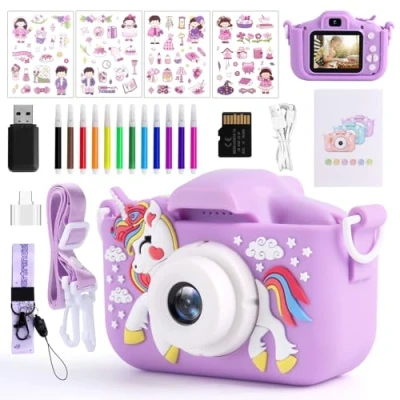 Abbildung von Kinder Kamera, 1080P 2,0 Zoll Bildschirm Fotoapparat Kinder, 32GB SD Karte USB Wiederaufladbare Selfie für Geburtstagsgeschenk Weihnachten, Kinderkamera