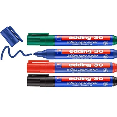 Abbildung von edding 30 Brillant Papiermarker bunte Farben 4 Permanent Marker wasserfest Rundspitze 1,5 3 mm leuchtende lichtbeständige Markierung auf Papier, Karton, Kunststoff, Metall oder Glas