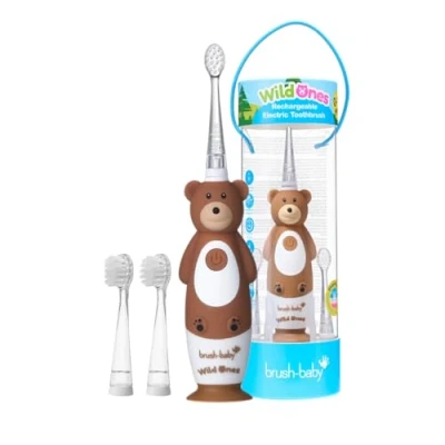 Abbildung von Brush Baby WildOnes Kinder Elektrische Wiederaufladbare Zahnbürste Bär, 1 Griff, 3 Bürstenköpfe, USB Ladekabel, für Alter 0 10 (Bär)