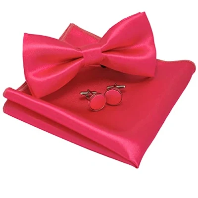 Abbildung von JEMYGINS Einfarbig Fliege und Einstecktuch mit Manschettenknöpfe Sets für Herren,Rosa