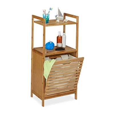 Abbildung von Relaxdays Wäscheschrank mit Wäschekorb, Bambus Badregal ausklappbarem Wäschesammler, HBT 100 x 45,5 33,5 cm, Natur, 1 Stück