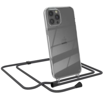 Abbildung von EAZY CASE Handytasche zum Umhängen kompatibel mit iPhone 12 Pro Max, Handyhülle Band, Transparent Kameraschutz und Bildschirmschutz, Handy Lanyard in Schwarz/Anthrazit Clips Schwarz