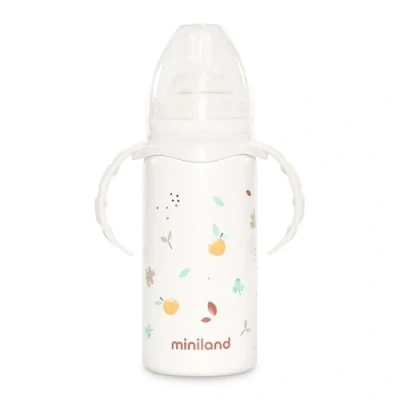 Abbildung von Miniland Thermobaby Dolce Valencia. Thermosflasche 240ml aus Edelstahl mit Sauger und einer Doppelschicht Stahl, die Temperatur des Getränks stundenlang kalt oder warm hält.