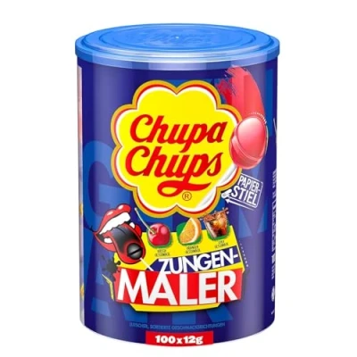 Abbildung von Chupa Chups Zungenmaler Lutscher Dose, praktische Box mit 100 Lollis in den 3 Sorten Cola, Kirsch &amp; Orange, zungenfärbende Lollipops, für Halloween, x 12g