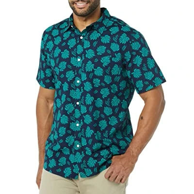 Abbildung von Amazon Essentials Herren Kurzärmeliges Hemd aus Popeline, Schmale Passform, Marineblau Blaugrün Palmwedelaufdruck, XL