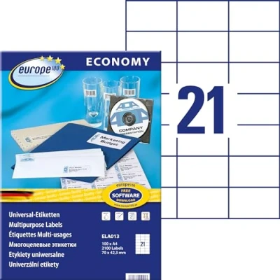 Abbildung von Europe100 Art. ELA013 Adressaufkleber (2.100 Klebeetiketten, 70x42,3mm auf A4, Papier matt, individuell bedruckbar, selbstklebende Adressetiketten, kompatibel zu AVERY 3652) 100 Blatt, weiß