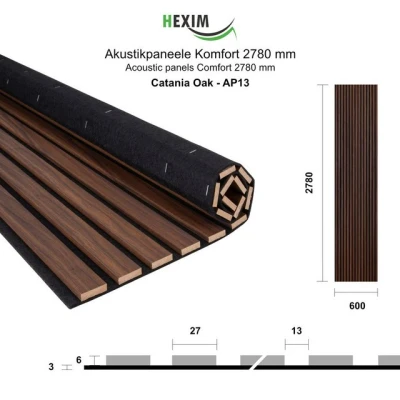 Abbildung von Hexim Wanddekoobjekt AP13 (Akustikpaneele 278x60cm flexible Lamellenwand Holz MDF Wandpaneele Lamellenverkleidung Wandverkleidung Innendekoration schalldämmend (1 Paneel / 1,67 m² Catania Oak AP13)