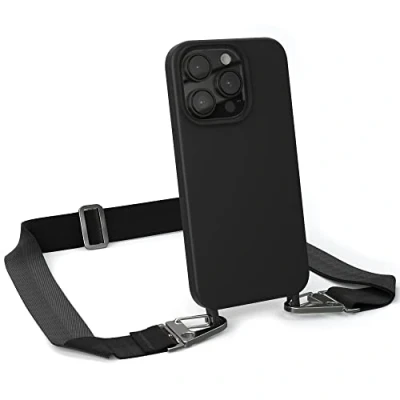 Abbildung von EAZY CASE Handykette Silikon mit Karabiner kompatibel iPhone 14 Pro Handyhülle breitem Umhängeband, Handykordel Silikon, Hülle Band, Kette für Smartphone, Schwarz Clips Silber
