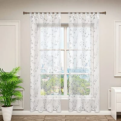 Abbildung von Gardine, Woltu, (2 St), halbtransparent, Blumen Stickerei mit Schlaufen Leinen Optik