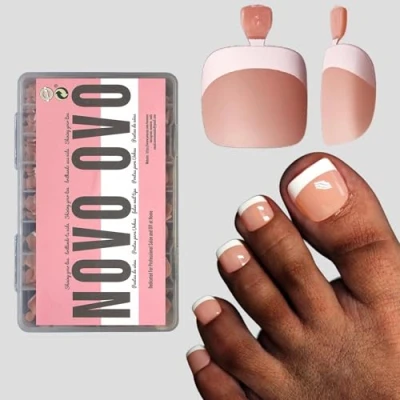 Abbildung von NOVO OVO fußnägel zum aufkleben, Artificial toe nail tips, ORANGE PINK fussnägel kleben, künstliche zehennägel, soft gel full cover toenail tips set, fuß nägel x 15 Größen 360 Stück