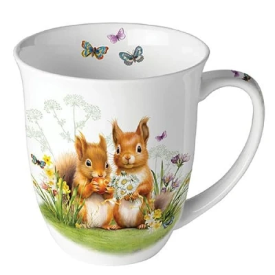 Abbildung von Ambiente Kaffeetasse Tee Becher Mug 0,4l Eichhörnchen Wiese Blumen Fine Bone China Porzellan Frühling Sommer Ostern serie little squirrels