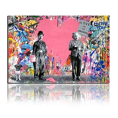 Abbildung von Five Seller Graffiti Chaplin Und Einstein Leinwand Ölgemälde Wand Kunstdruck Auf Abstrakt Herz Hintergrund Kunstwerk Wanddekoration (40 x 60 cm)