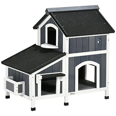 Abbildung von PawHut Tierhöhle Kleintierhaus, aus Tannenholz, Erhöhtes Design, Grau, für Außenbereich, Grau
