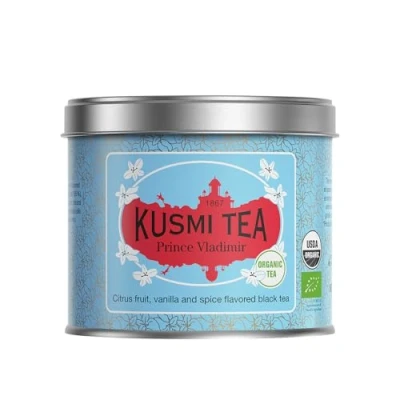 Abbildung von Kusmi Tea Prinz Wladimir Bio Earl Grey Schwarztee mit Orange aromatisiert Zitrusfrüchten, Zimt, Bergamotte, Vanille und Gewürzen Loser Tee 100 g Metalldose Menge für etwa 50 Tassen