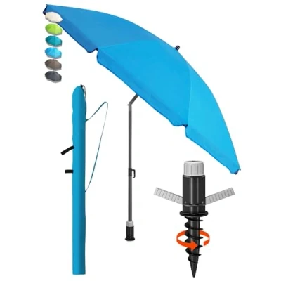 Abbildung von 4smile Sonnenschirm Strand SunnyJoy, 3 IN 1 Set UPF 50+ Strandschirm 180 cm + Schutzhülle Bodenhülse windfest stabil, Sonnenschutz Strand, Blau