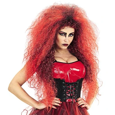 Abbildung von Gewellte Damen Langhaar Perücke Rot/Schwarz Oversized Teufel Teufelin Hexe Dämon Vampir Märchen Halloween