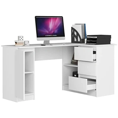 Abbildung von BDW Eckschreibtisch Rechts, 3 Schubladen und 4 Einlegeböden, viel Platz zum Ausbreiten, für Jugendzimmer, Büros Ateliers, Computertisch, Arbeitstisch, Bürotisch, 155x77x86, Weiss
