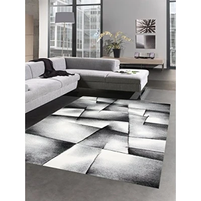 Abbildung von CARPETIA Moderner Teppich Kurzflor Wohnzimmerteppich Konturenschnitt karo abstrakt grau schwarz Weiss Größe 160x230 cm