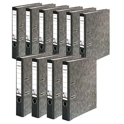 Abbildung von Original Falken 10er Pack Recycling Ordner Wolkenmarmor. Made in Germany. 5 cm schmal DIN A4 schwarzer Rücken Ringordner Aktenordner Briefordner Büroordner Pappordner CO2 Neutral Blauer Engel