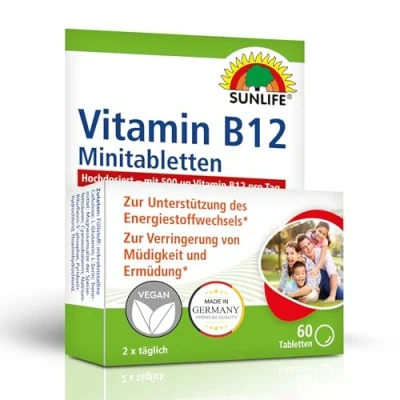 Abbildung von SUNLIFE SUNLIFE® Vitamin B12 Minitabletten Nervensystem Herz Gehirnfunktion 2 x täglich eine Tablette mit ausreichend Flüssigkeit schlucken