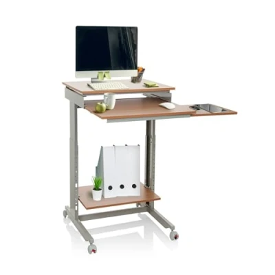 Abbildung von hjh OFFICE 830020 Schreibtisch Workstation Buche/Grau Stehpult Home Office, höhenverstellbar mit Rollen, Tastaturauszug