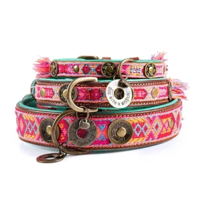 Abbildung von DWAM Halsband Boho Rosa L Pink Braun Türkis für Welpen alle Hunde besonderes besondere Stickerei Handarbeit