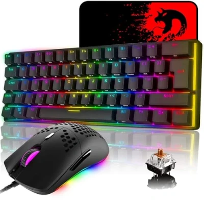Abbildung von MK21 Gaming Tastatur und Maus Set, RGB 60% Mechanische Tastatur, Mini 62 Tasten Kabelgebunden Beleuchtung + 6400 DPI Mauspad für PS4, Xbox, PC Schwarz/Brown Switch