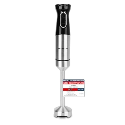 Abbildung von EMERIO Stabmixer mit kraftvollen 1000 Watt Pürierstab (abnehmbar) und Messereinheit aus langlebigem Edelstahl einstellbare Geschwindigkeit BPA frei TURBO Taste ergonomisch HB 132381