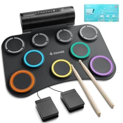 Abbildung von Donner Elektronisches Drum Pad, 9 Pads Schlagzeug Set Roll Up Leises Pad mit eingebautem Lautsprecher, Kinder Urlaubs &amp; Geburtstagsgeschenk Musikspielzeug DED 20(SE)