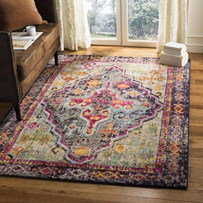 Abbildung von SAFAVIEH Boho Teppich für Wohnzimmer, Esszimmer, Schlafzimmer Monaco Collection, Kurzer Flor, Grau und Fuchsia, 91 X 152 cm