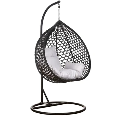 Abbildung von RAMROXX Hängesessel Luxus Style XXL Rattan Korb Schwarz mit Relaxkissen Weiss