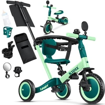 Abbildung von Kidiz® 6in1 Laufrad Dreirad Laufräder Lauffahrrad Kinderdreirad ab 1 Jahr bis 5 Jahre Lauflernhilfe belastbar 25Kg inkl. Lenkstange Sicherheitsbügel Sicherheitsgurt Klingel &amp; Spiegel Grün