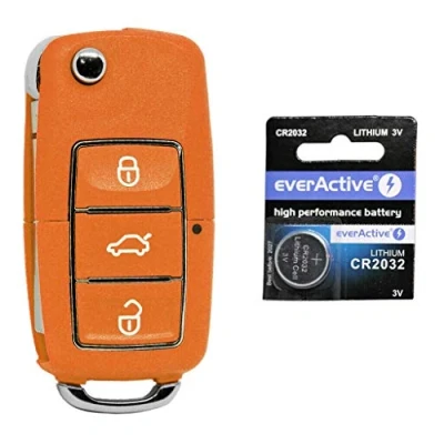 Abbildung von Auto Schlüssel Funk Fernbedienung 1x Gehäuse 3 Tasten Orange + Rohling HA66 CR2032 Batterie für VW SEAT Skoda