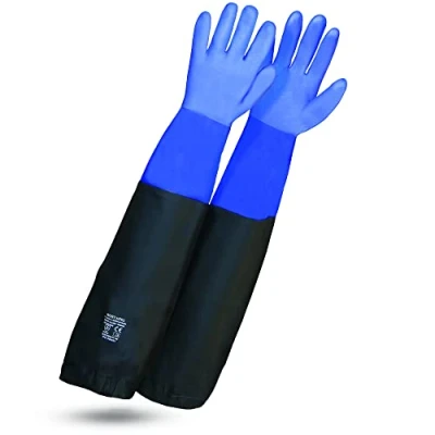Abbildung von ROSTAING Handschuhe WETPRO Ein Paar wasserdichte Arbeitshandschuhe Für die Instandhaltung von Teichen, Gruben oder Aquarien Lange, Schutzhandschuhe Blau und Schwarz Klempnerei