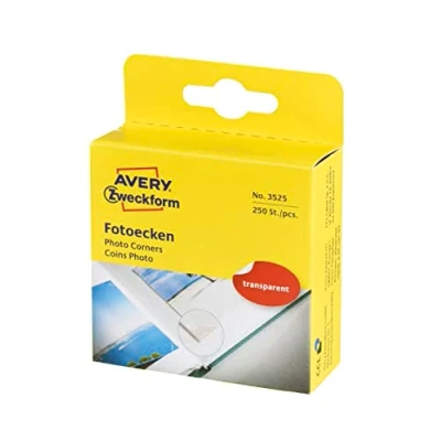 Abbildung von AVERY Zweckform 3525 Fotoecken selbstklebend 250 Stück (17x18mm, Foto Zubehör, Aufkleber für Scrapbooking, Fotoalbum, Bullet Journal, Erinnerungsbuch, Bilder, im praktischen Spender) weiß/transparent