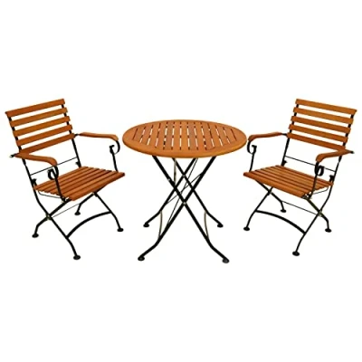 Abbildung von DEGAMO Garten Sitzgruppe Klappgarnitur HOFGARTEN 3 teilig (2X Armlehnensessel, 1x Tisch rund 75cm), Stahl schwarz pulverbeschichtet, Eukalyptus Holz braun geölt, FSC® Zertifiziert, Outdoor