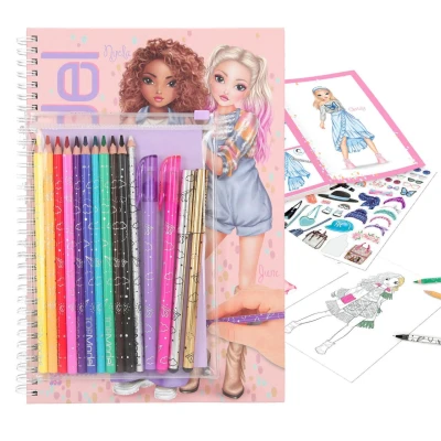 Abbildung von Depesche 11389 TOPModel Malbuch Set mit 76 Seiten zum Ausmalen und Gestalten trendiger Styles Outfits, Malheft inklusive 10 Buntstiften, 4 Gelstiften, 2 Stickerbogen einem Radier Stift
