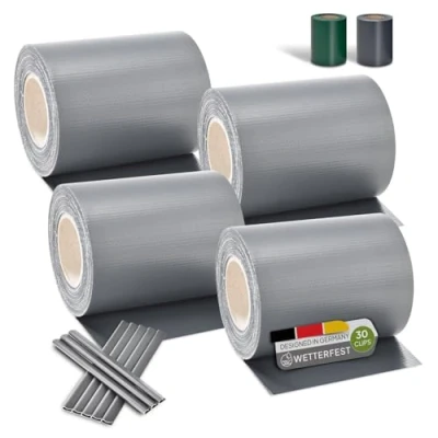 Abbildung von Juskys PVC Sichtschutzstreifen Doppelstabmatten Zaun 4er Set 4 Rollen á 35m x 19cm 120 Befestigungsclips Zaunfolie Sichtschutz Windschutz hellgrau