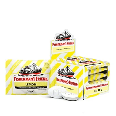 Abbildung von Fisherman’s Friend Lemon, Exklusive 8er Box, Zitrone und Menthol Geschmack, zuckerfrei &amp; vegan, Bonbons für frischen Atem, 8 x 25g