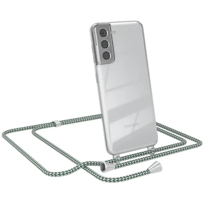 Abbildung von EAZY CASE Kette Schutzhülle kompatibel mit Samsung Galaxy S21, Stoßfest Fallschutz Bumper Schutzhülle, Handy Straps, Silikonhülle, Handykette abnehmbar, Hell Grün Camouflage Clips Silber
