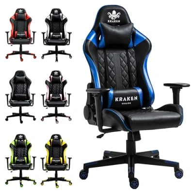Abbildung von KRAKEN CHAIRS Gaming Stuhl Bürostuhl Sessel Höhenverstellbar Drehstuhl Ergonomischer Gamer Verstellbare 3D Armlehne Lenden Kissen Kopfstütze Schwarz Blau